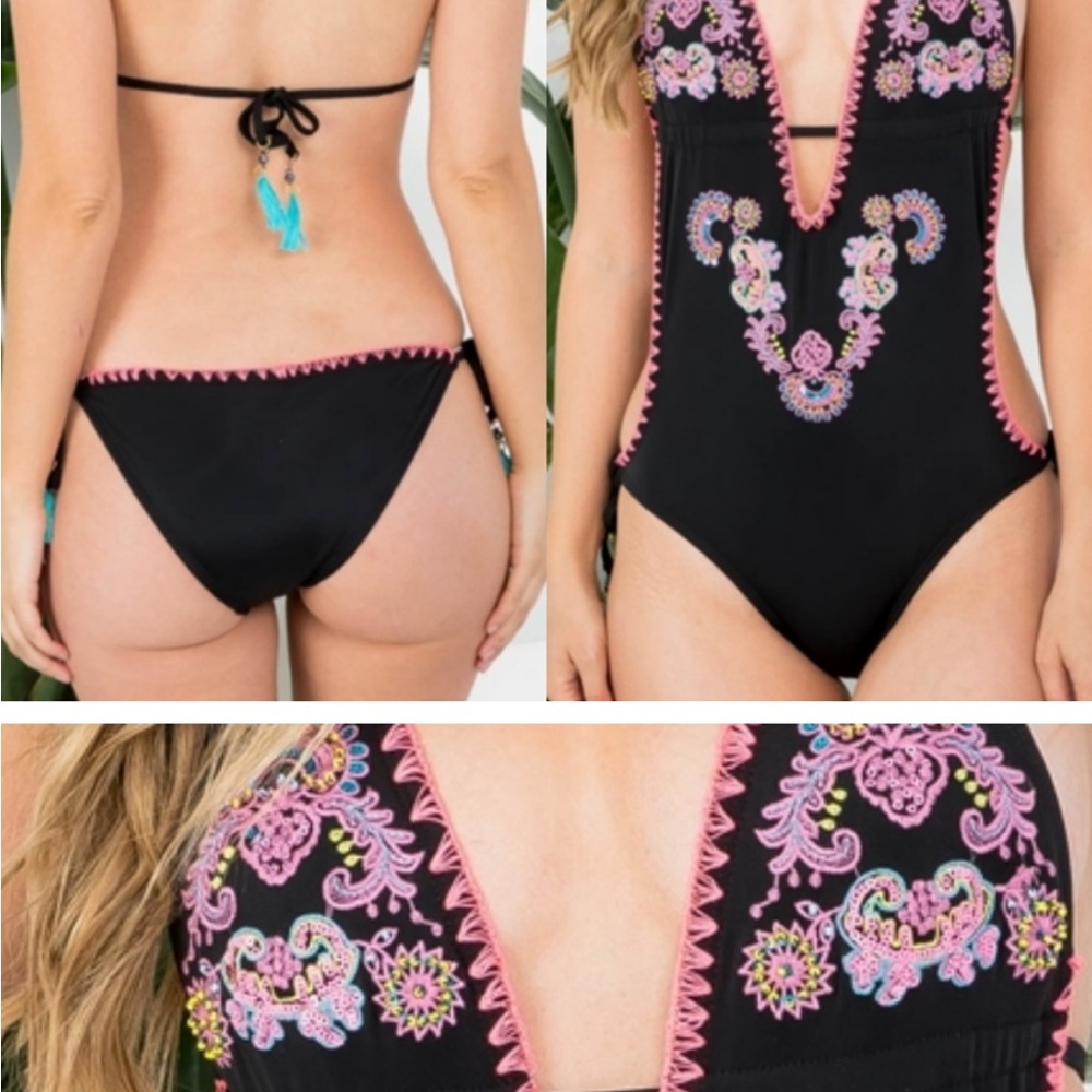 Black and Pink Embroidered One Piece Swimsuit  NWT - Picture 2 of 5